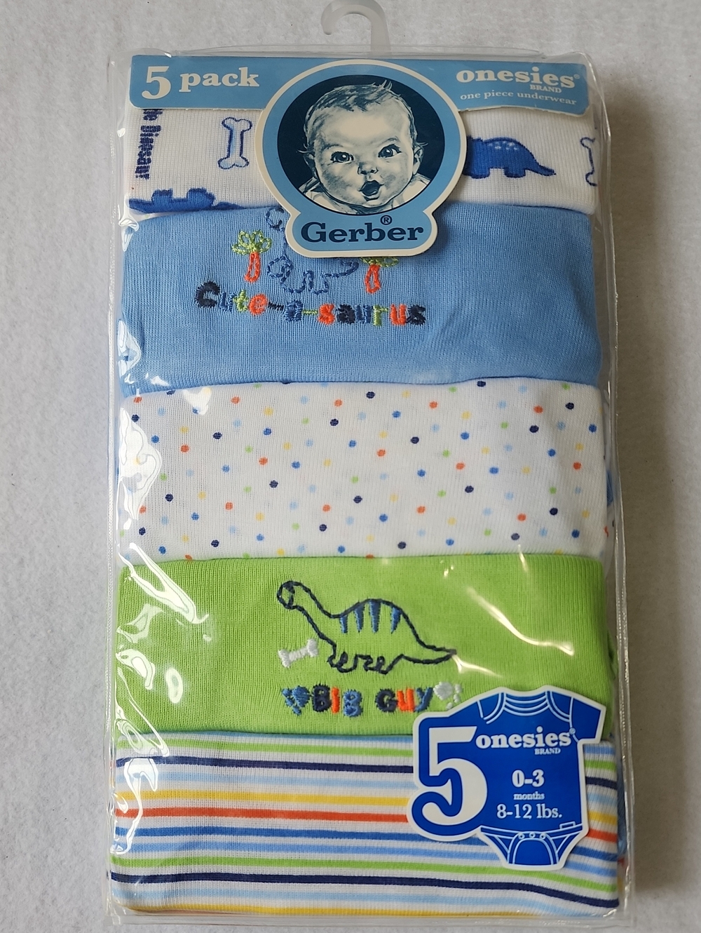 Gerber 5-Pack Baby Onesies - Blue, Green, White, Multicolor Dots & Stripes